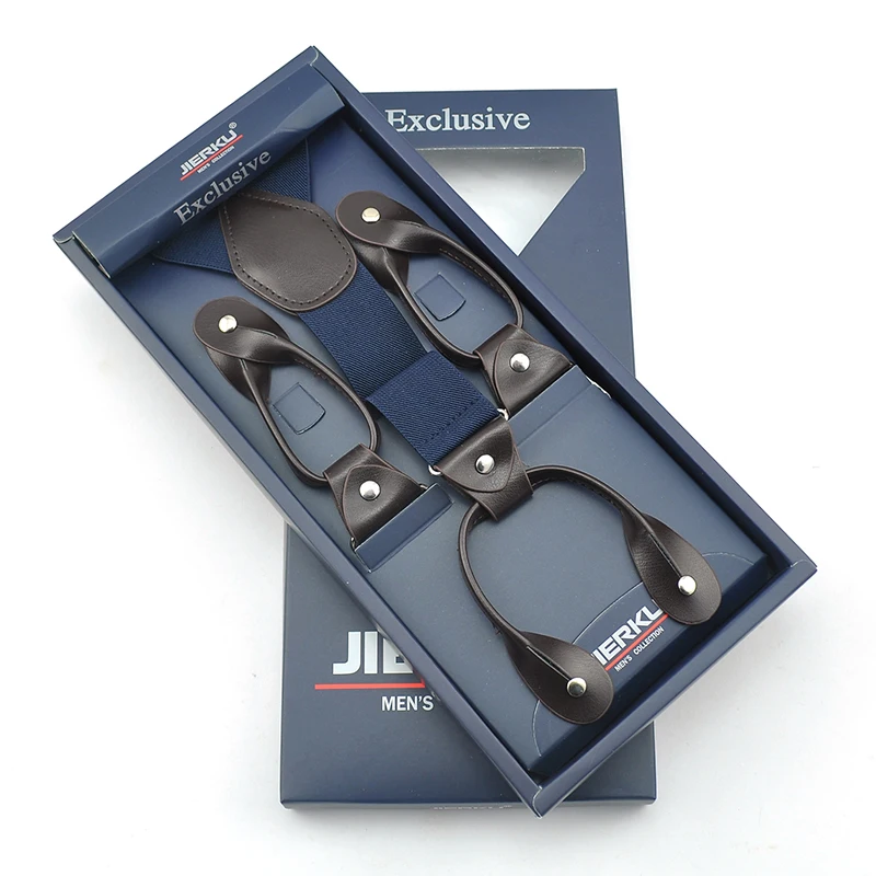 

Fashion Buttonhole Six Leather Clip on Braces Men Male Quality Gift Box 6 Solid colors Suspenders Y-Shaped Elastic Suspender