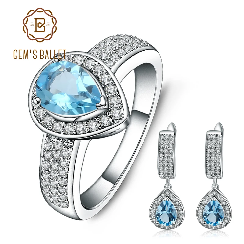 

GEM'S BALLET Natural Water Drop Blue Topaz Wedding Jewelry Set 925 Sterling Silver Gemstone Vintage Earrings Ring Set For Women