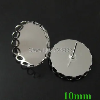 

Blank Earrings Bases 10mm Round Hollow Lace Bezel Tray Cabochon Stud Earrings Post Settings Findings DIY Rhodium tone Wholesale