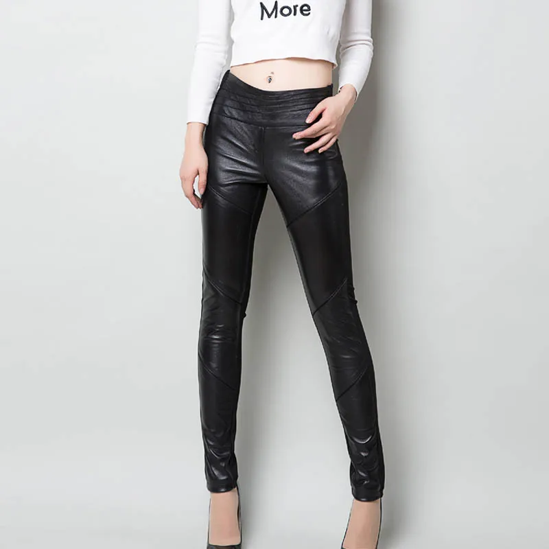 

Women Genuine Leather Pants Spliced Sheepskin High Waist Slim Real Leather Full Trousers Autumn Fleece Warm Lady Pencil Pants