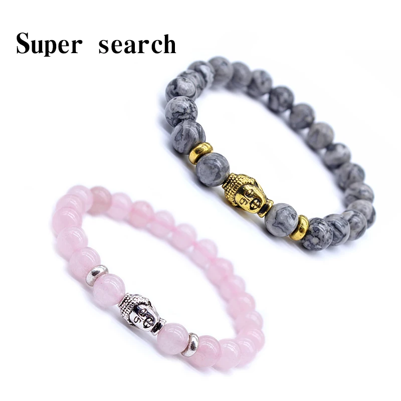 

Wholesale Gray Map Natural Stone Pink Crystal Bracelets Bangles Buddha Head Charms Women Girls Bead Bracelet