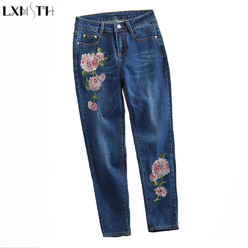 LXMSTH National Style Vintage Embroidery Jeans Flowers Factory Outlet Women High Waist Loose ...