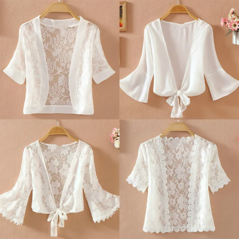 

New 2019 Fashion Summer Thin Lace Shirt Women's Sunscreen Chiffon Blouse Short Sleeve Hollow Out Cardigan Tops
