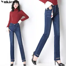 Стрейч Вышивка джинсы для женщин зима Высокая талия прямые плюс размер джинсы женские Джинсовая ткань женские брюки джинсовое платье зима