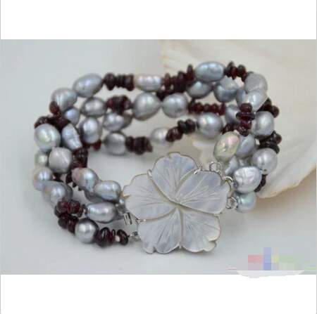 

Free shipping >>>>>>P4793 4row 8" 10mm gray baroque freshwater cultured pearl garnet bracelet