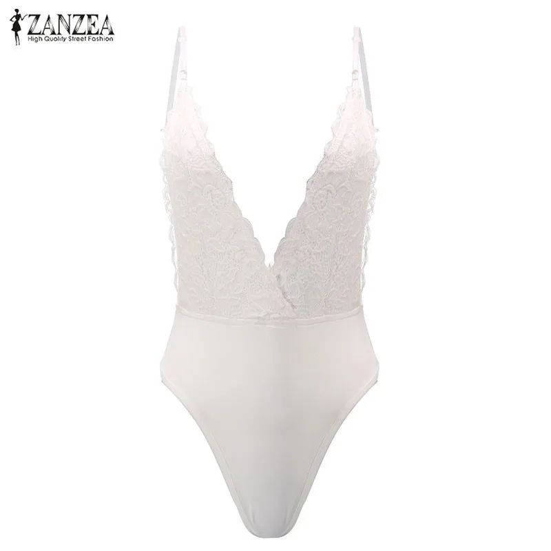 ZANZEA الصيف بذلة الأزياء السروال القصير مثير المرأة السباغيتي حزام عارية الذراعين Playsuits العميق V الرقبة أكمام الدانتيل داخلية صلبة ZANZEA الصيف بذلة الأزياء السروال القصير مثير المرأة السباغيتي حزام عارية الذراعين Playsuits العميق V الرقبة أكمام الدانتيل داخلية صلبة