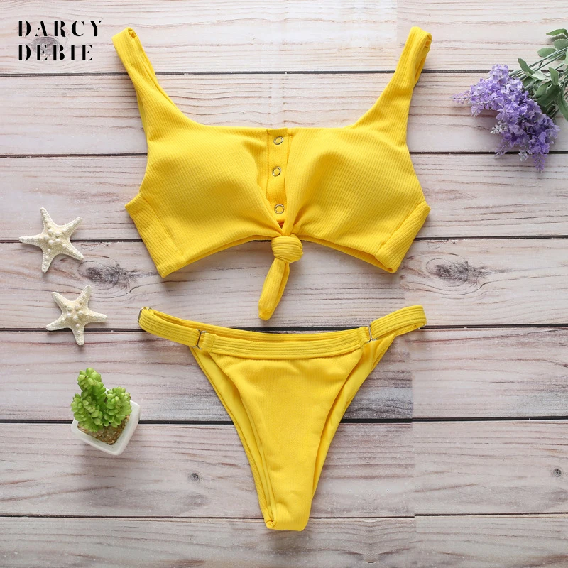

Sexy Tie Knot Front Bikinis Women Push Up Swimsuit Bikini Set Bandage Swimwear Yellow Thong Bathing Suit 2019 Swimming Suit