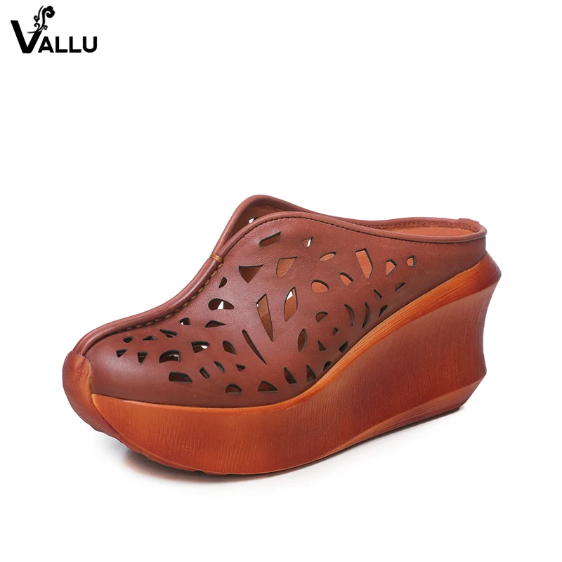 melhor Sandálias de slides Cortar Plataforma Das Mulheres Cunhas de Couro Genuíno do Sexo Feminino Handmade Confortáveis Chinelos Casuais Senhora Sapatos de Salto Alto