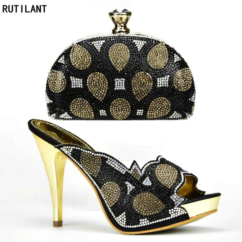 

Black Color Italian Shoes with Bag Set Decorated with Rhinestone High Quality African Shoes and Bag Set Italy Shoe and Bag Sets