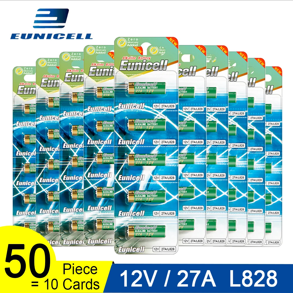 

50pcs=10 Cards 12V 27A Dry Alkaline Battery 27AE 27MN A2 L828 V27GA EL812 A27 MN27 G27A Eunicell 50mAh High Voltage Batteries