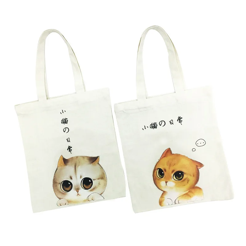 Милый Кот сумка с печатью карманный холст для женщин большой емкости сумки на плечо повседневное использование Складная Сумочка пакет для женщин