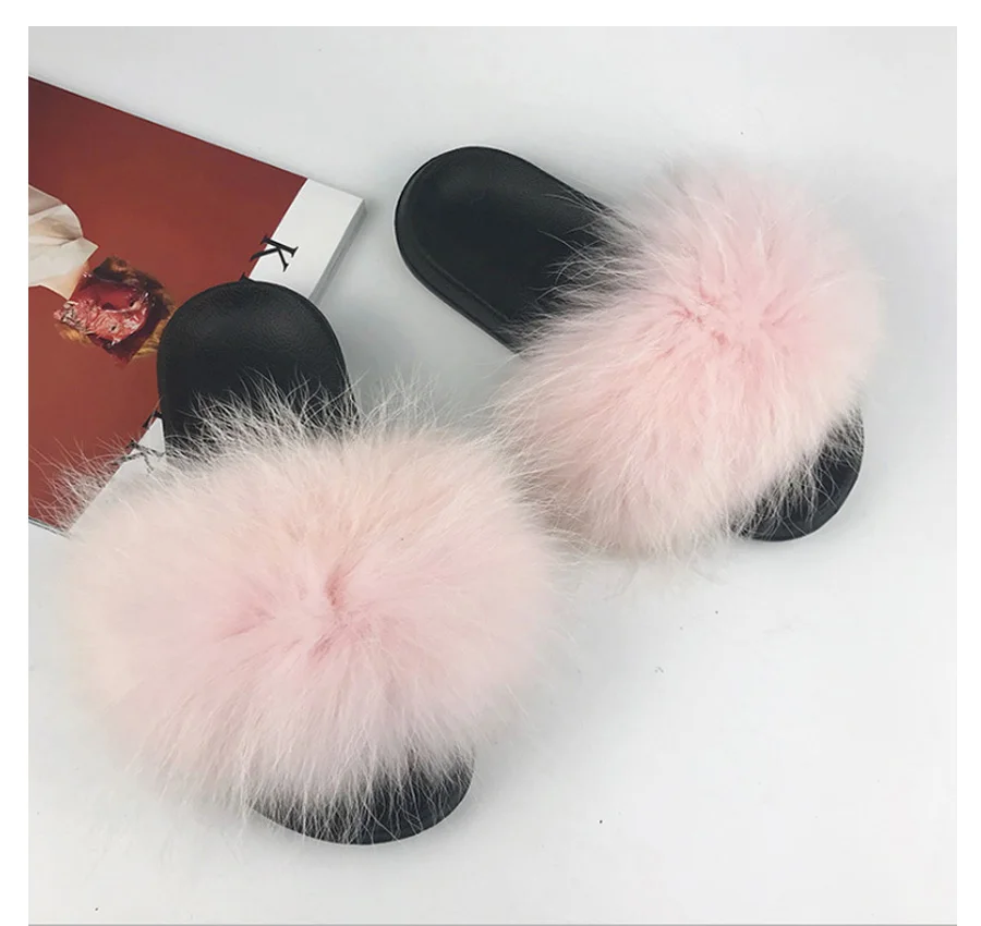 ZDFURS* New Arrivals Real Raccoon Fur Slippers Women Fluffy Fur Slides Spring Autumn Winter Indoor Outdoor Shoes