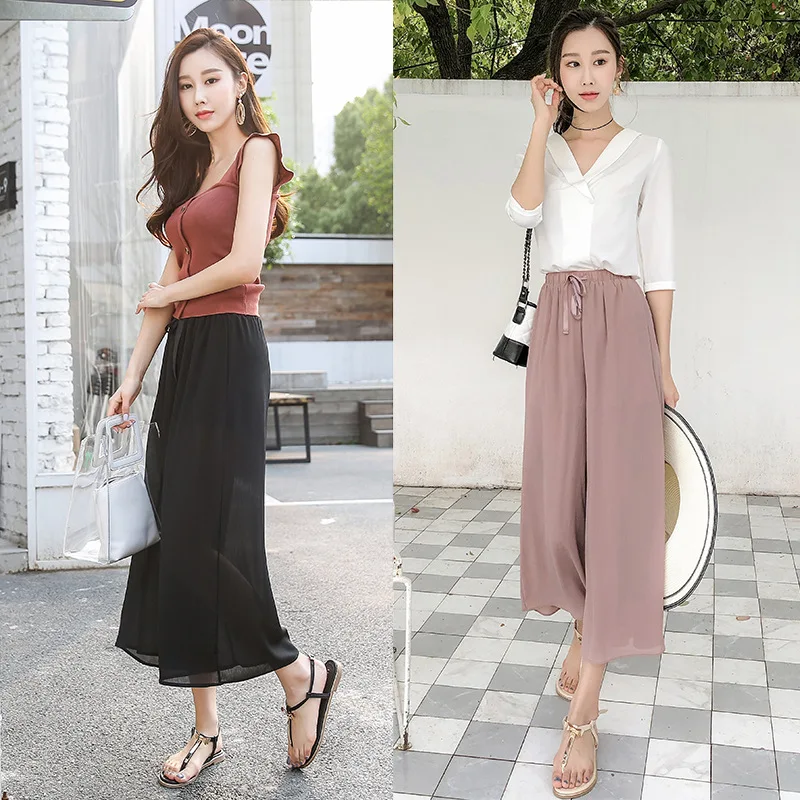 Summer 2019 Breathable Thin Folded Ice Silk Chiffon Wide-legged Pants Women's Nine-minute Pants and Eight-minute Pants Women Summer 2019 Breathable Thin Folded Ice Silk Chiffon Wide-legged Pants Women's Nine-minute Pants and Eight-minute Pants Women