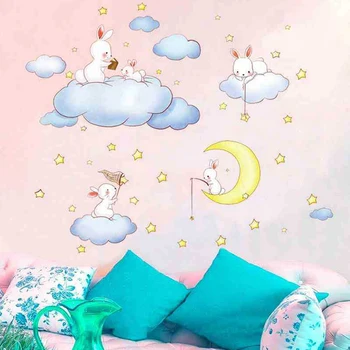 

Bedroom decor Cartoon White Clouds Rabbit Wall Stickers For Kids Rooms Baby Bedroom Home Decor Moon And The Stars Wall sticker
