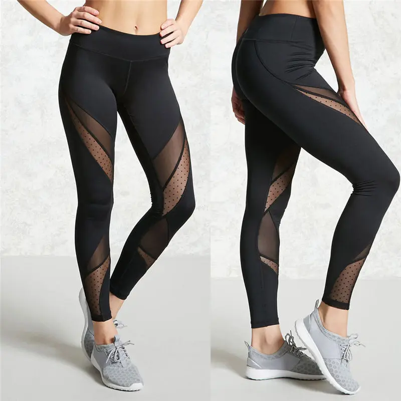 

2018 New Women Yoga Pants Hollow Out Net Yarn Splicing Yoga Capris for Running Sport Quick-drying Fitness Tights Woman Leggings