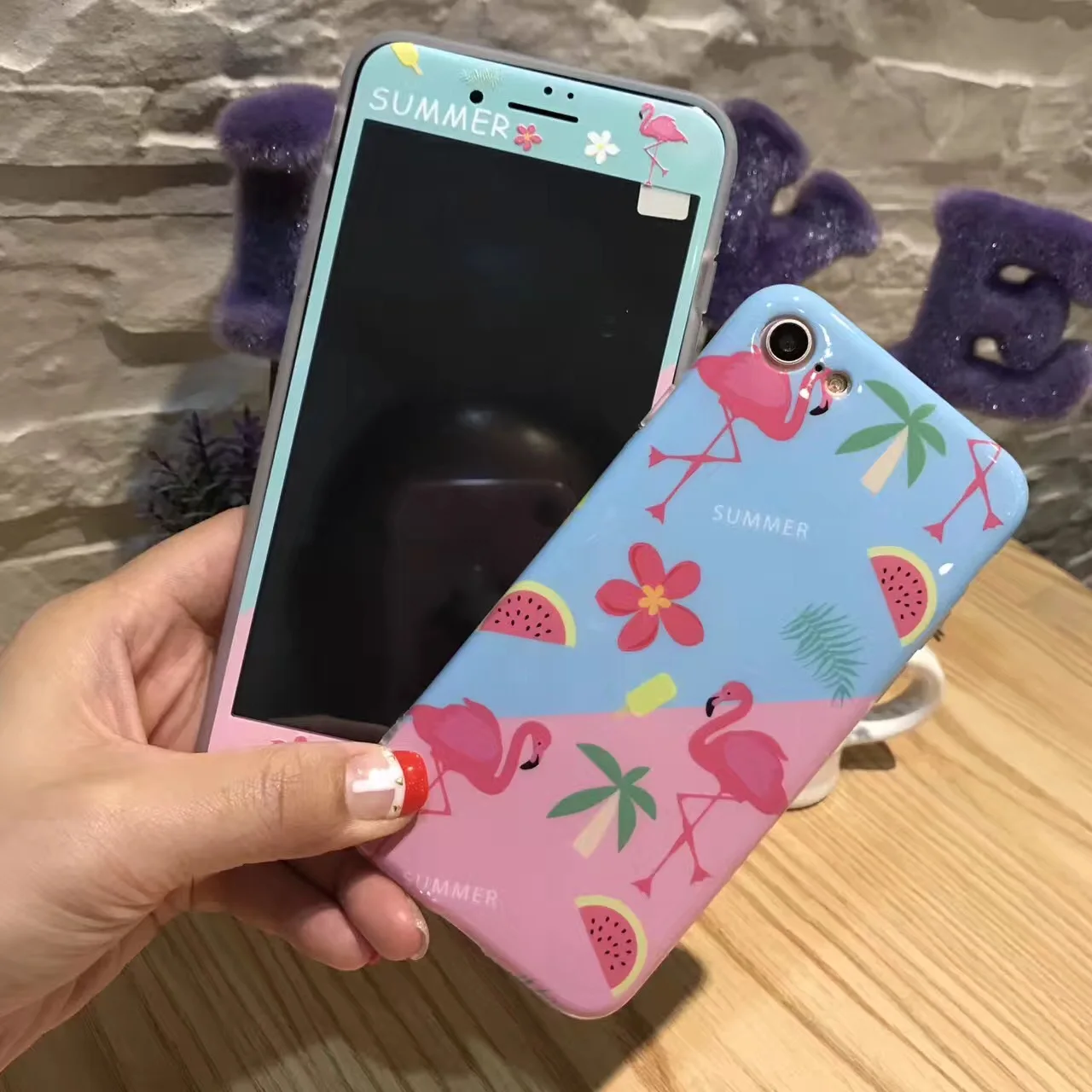 

Front Protective Glass Screen Protector + Flamingo Fruit Pattern Soft Phone Case For iPhone 8 7 6 6s Plus Tempered Glass 9H