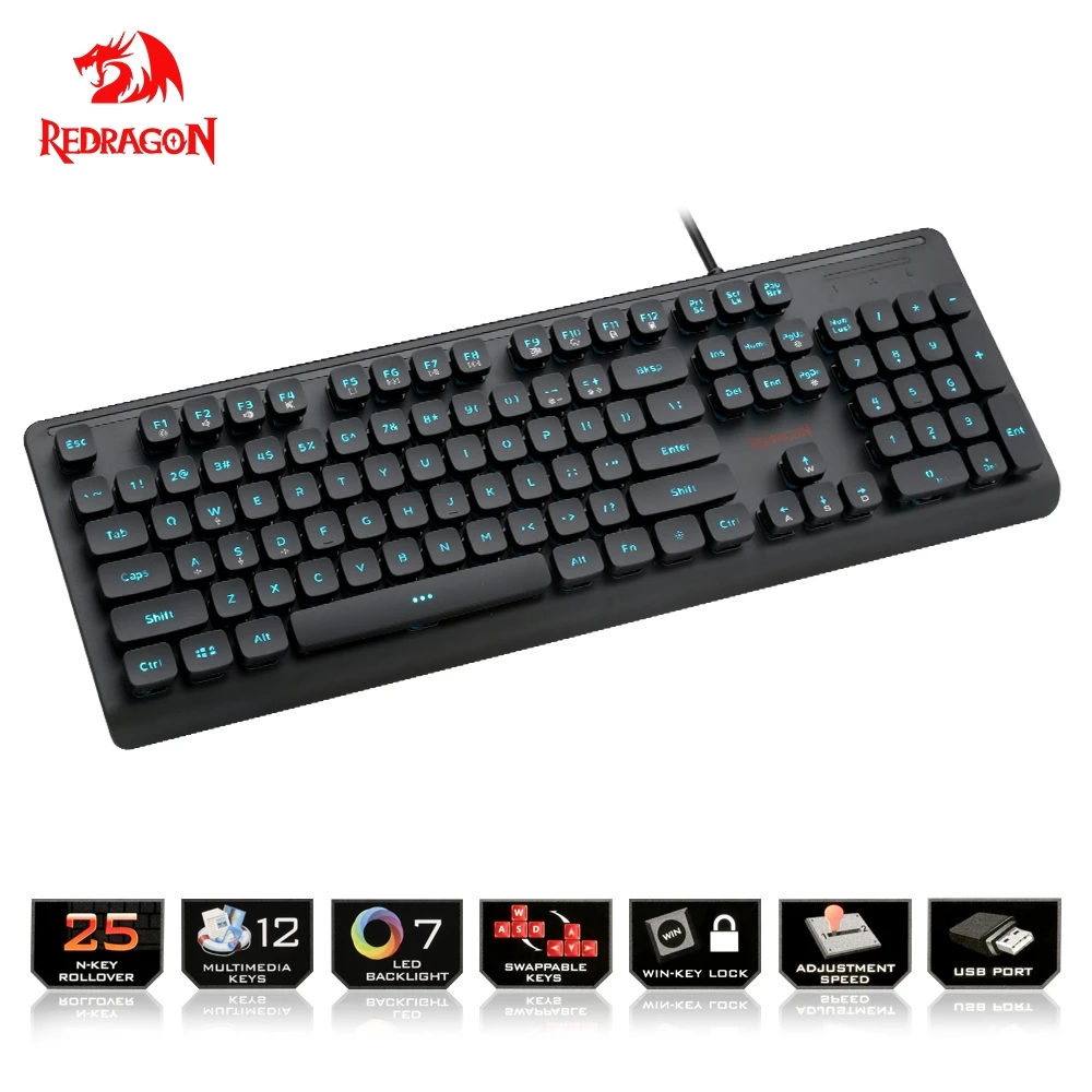 

Redragon K507 USB gaming Membrane keyboard ergonomic 7 color LED backlit keys Full key anti-ghosting 104 wired PC Computer game