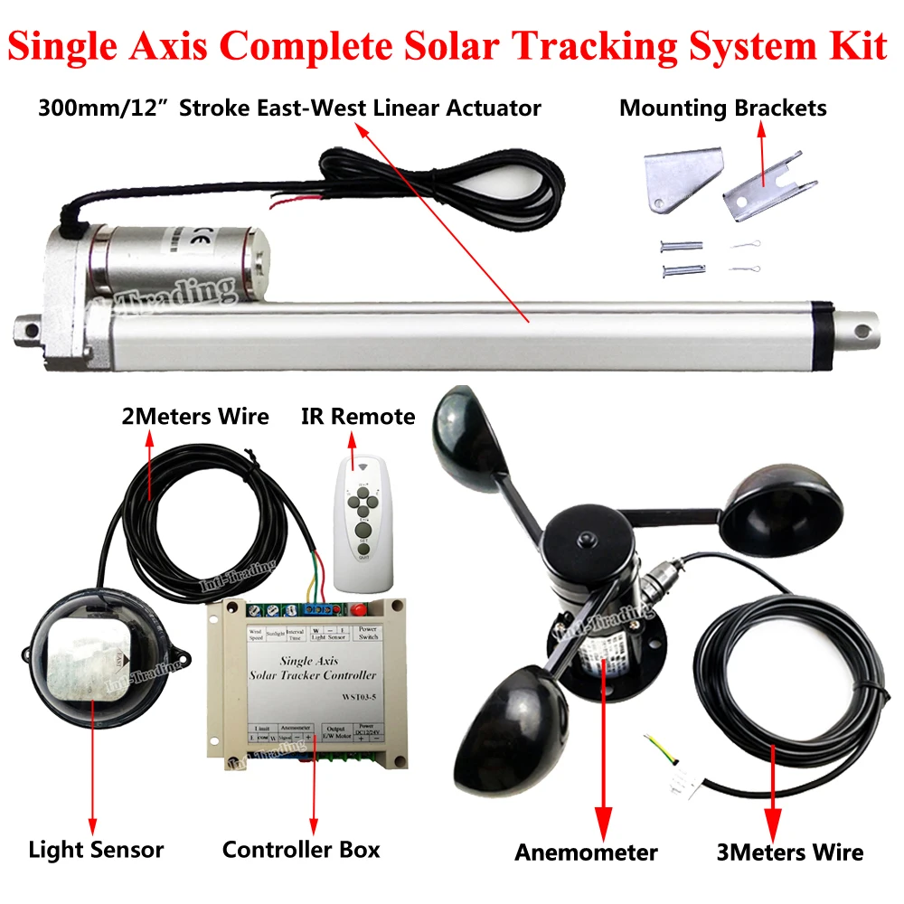 

12" Linear Actuator 4mm/s 12V DC Motor &Anemometer &Controller &Remote DIY Single Axis Solar Panel Sunglight Track Tracker Kits