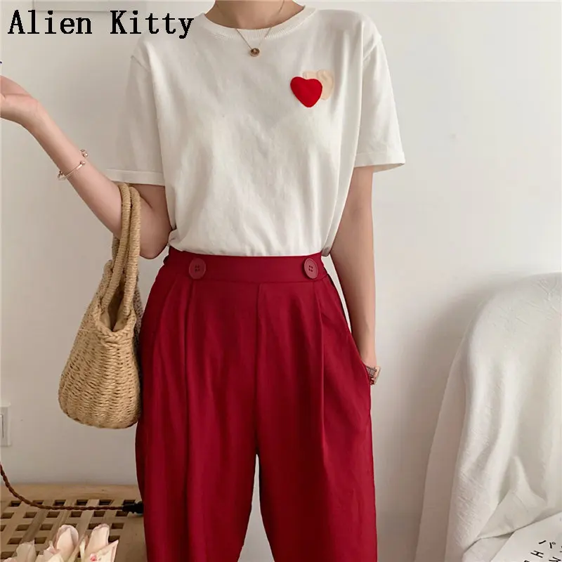 

Alien Kitty Simple Loose Fresh Appliques Hearts Casual Hot Short-Sleeved 2019 New Vintage Summer O-Neck Basic Knitted T-shirt