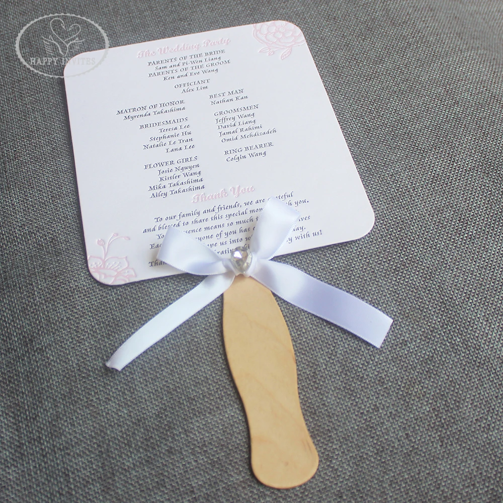 HI9035-02 Custom Elegant White Wedding Program Fan with Black & Pink Foil Letterpress Made in China