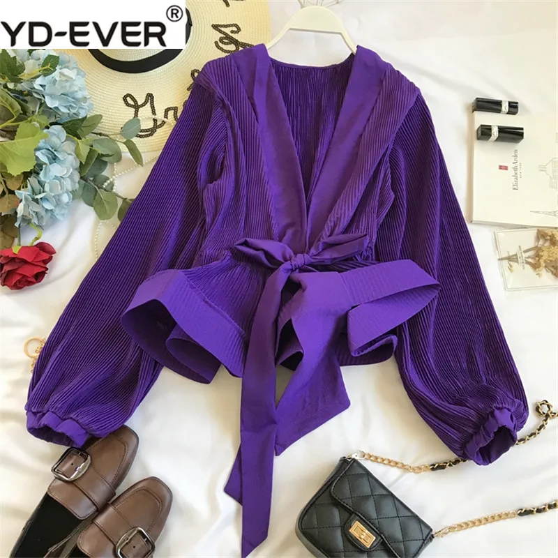 

Ruched Pleated Ruffles Blusa Sashes Vintage Grace Women Blouse 2019 Spring Autumn New Fashion Elegant V-Neck Shirt 69273