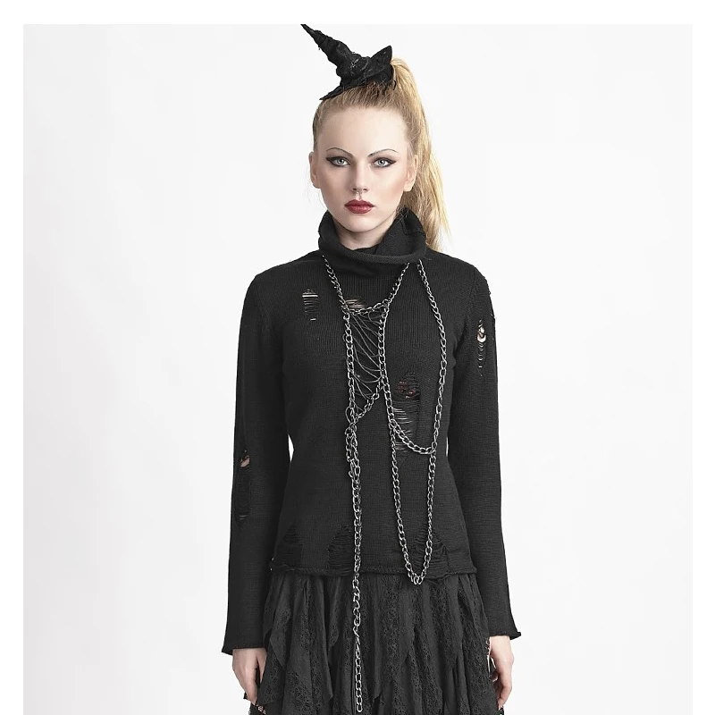 

Winter Gothic Turtleneck Sweaters Black Hollow-Out Ripped Knitted Sweater Punk Women Long Sleeve High Collar Warm Pullovers