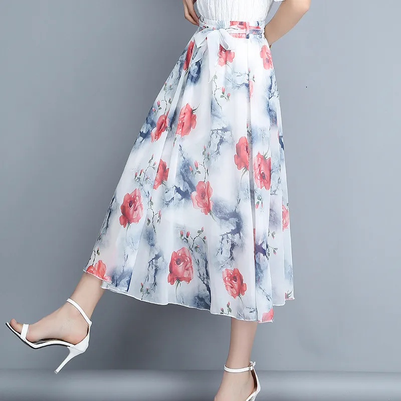 Шифоновая юбка для женщин летняя юбка с принтом эластичная талия высокая талия большая качающаяся длинная юбка тонкие женские юбки IOQRCJVH383