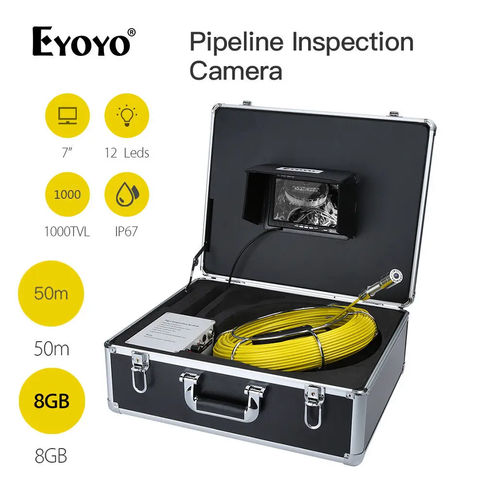 

EYOYO WF90 7" TFT Color Monitor 50M Drain Pipe Pipeline Inspection Sewer Camera Snake Cam 1000TVL Waterproof IP67 DVR 8GB