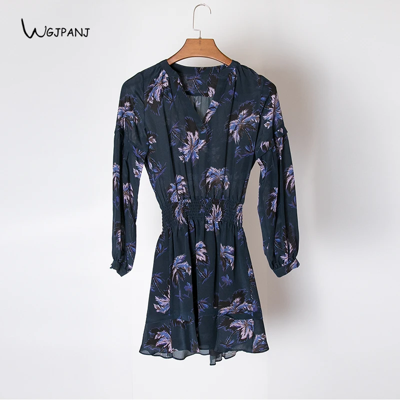 2019 Spring Full Sleeve Short Women Dress High Quality Blue / Pink Silk