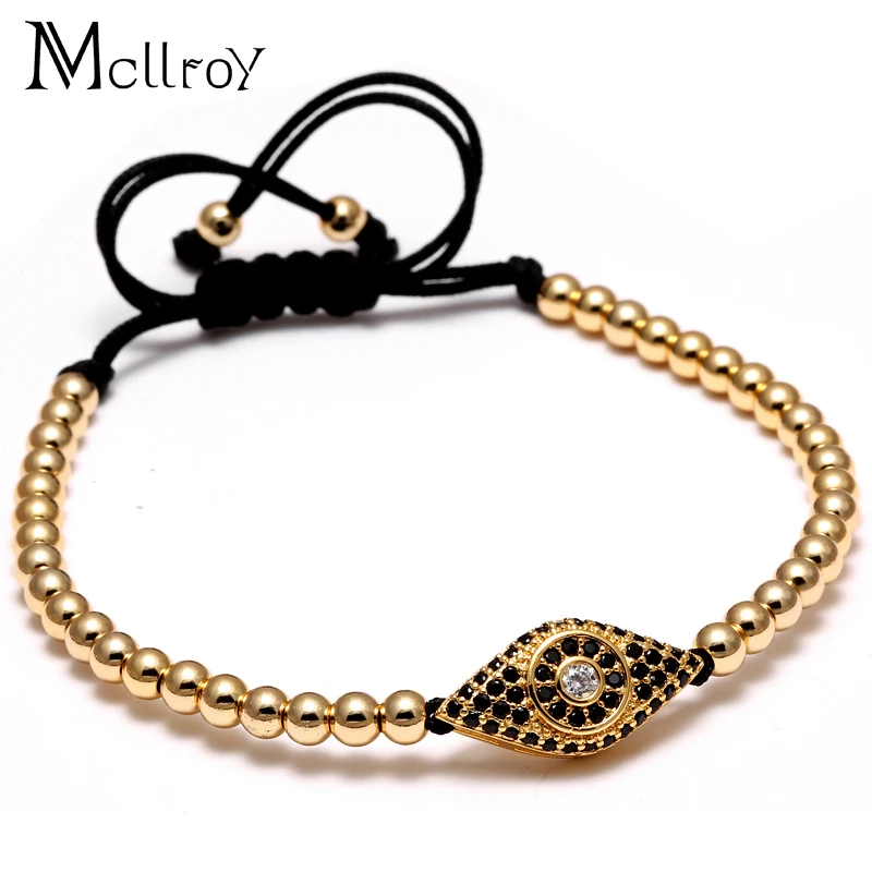 Mcllroy Fashion Style Pave Eye Connector & 4MM Round Beads Bracelets & Bangles Braided Macrame Men Bracelets Jewelry