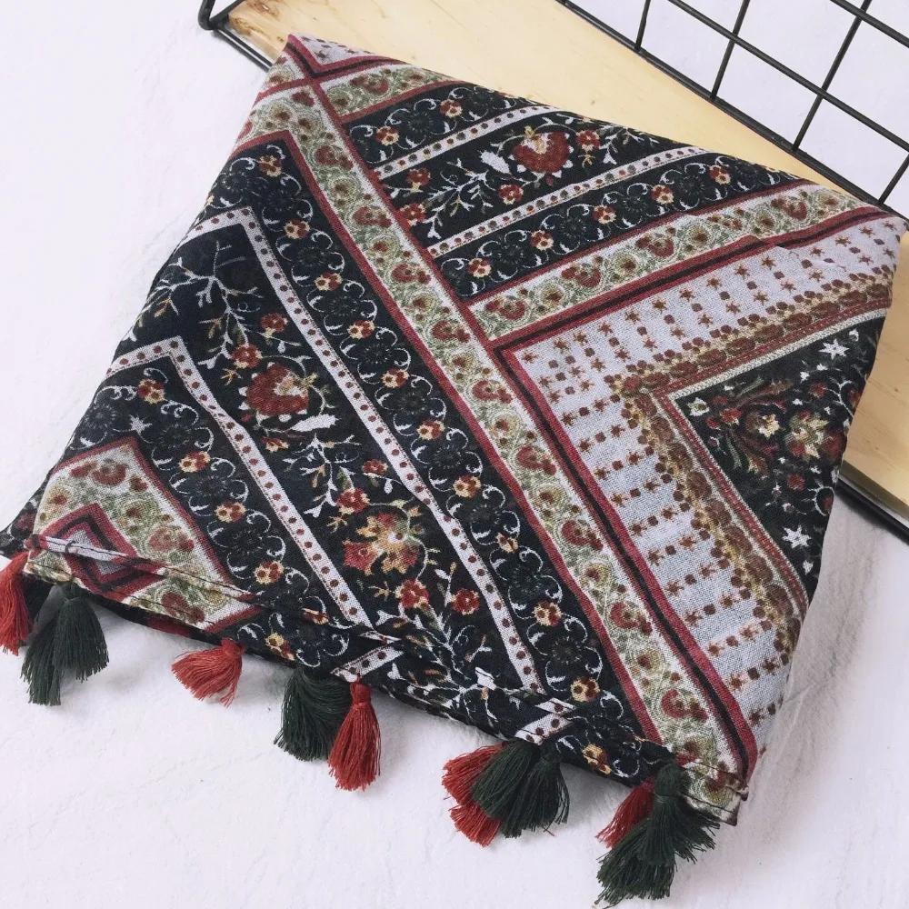 Women Geometry Floral Pattern Cotton Tassel Scarf Shawls Wraps Hijabs