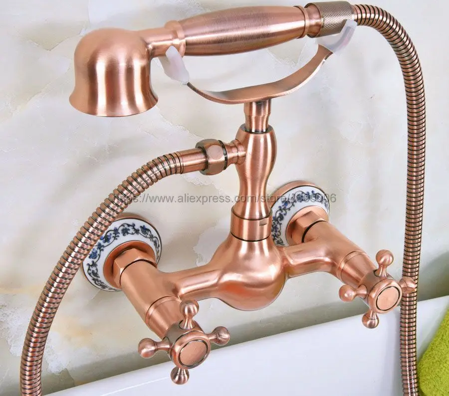

Antique Red Copper Wall Mounted Bathroom Bath Faucet Mixer Tap With Hand Shower Head Shower Faucet Set Bna333