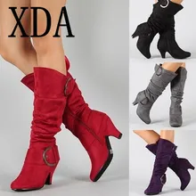 XDA/большой размер 43; коллекция года; сапоги martin до колена; женские осенние сапоги из искусственной замши с пряжкой; модные зимние женские сапоги на шпильке с пряжкой