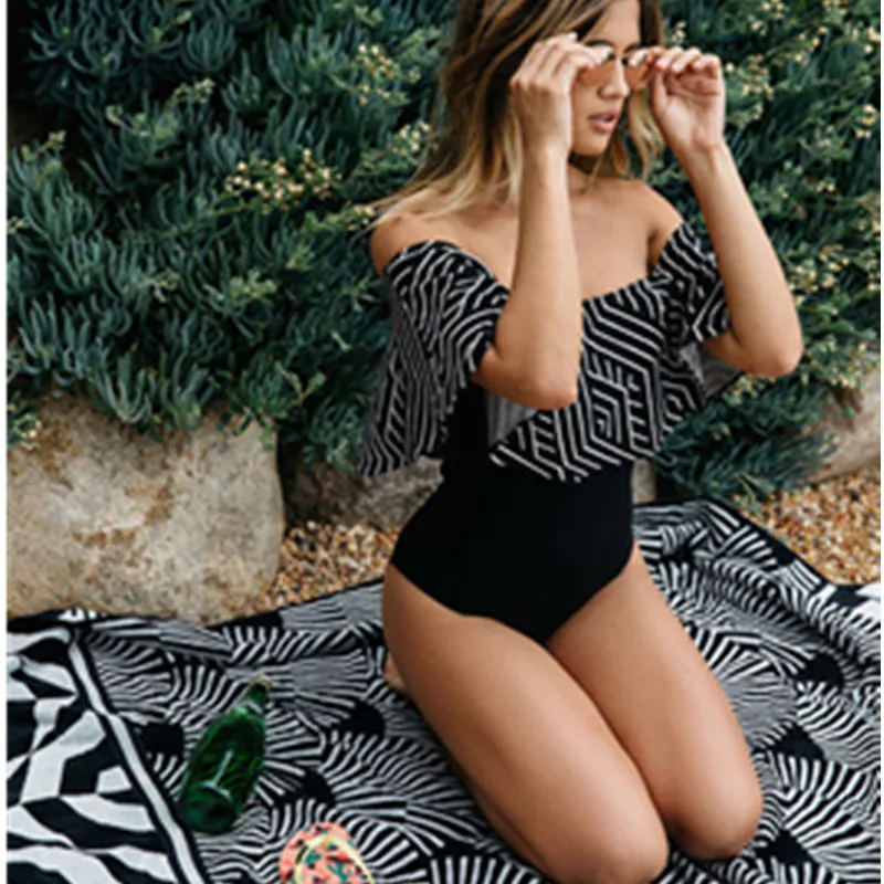 

Sexy Swimwear Women Off Shoulder Ruffle One Piece Swimsuit Female Bikini Bathing Suit Slash Neck Monokini Biquini Beach Wear