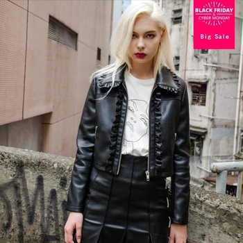 

2018 autumn fashion women PU leather jacket tops short slim was thin black PU wooden ear leather coat long-sleeved outwear L1126
