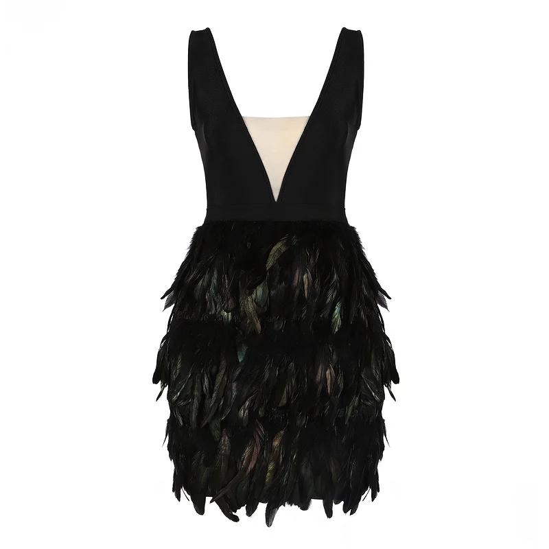 

2018 New Arrival Patchwork Feathers Women Bandage Dress Sexy Deep V Neck Mini Dresses Celebrity Party Club Sleeveless Vestido