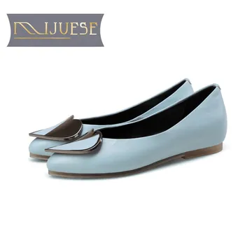 

MLJUESE 2018 women flats blue color cow leather pointed toe vintage flats spring comfortable loafers women shoes size 34-43