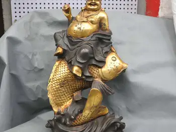 

17" China Maitreya Buddha Ride Fish Hold Yuanbao Ingot Money Bronze Statue