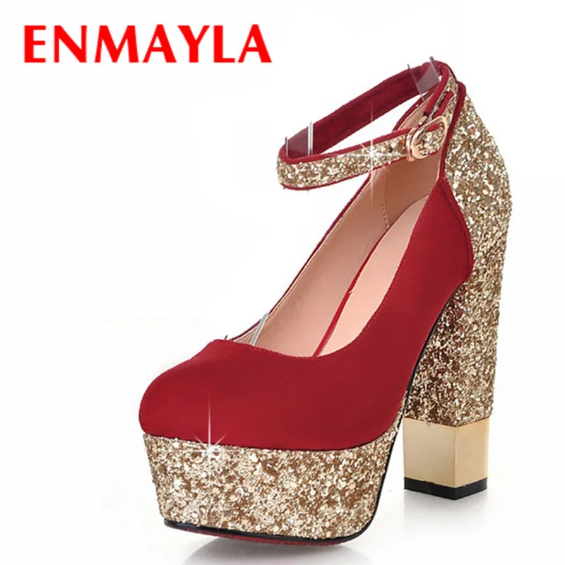 

ENMAYLA Elegant Round Toe Square Heel Women Pumps Sparkle Platform Pumps Women Sexy High Heels Strappy Glitter Women Shoes Red