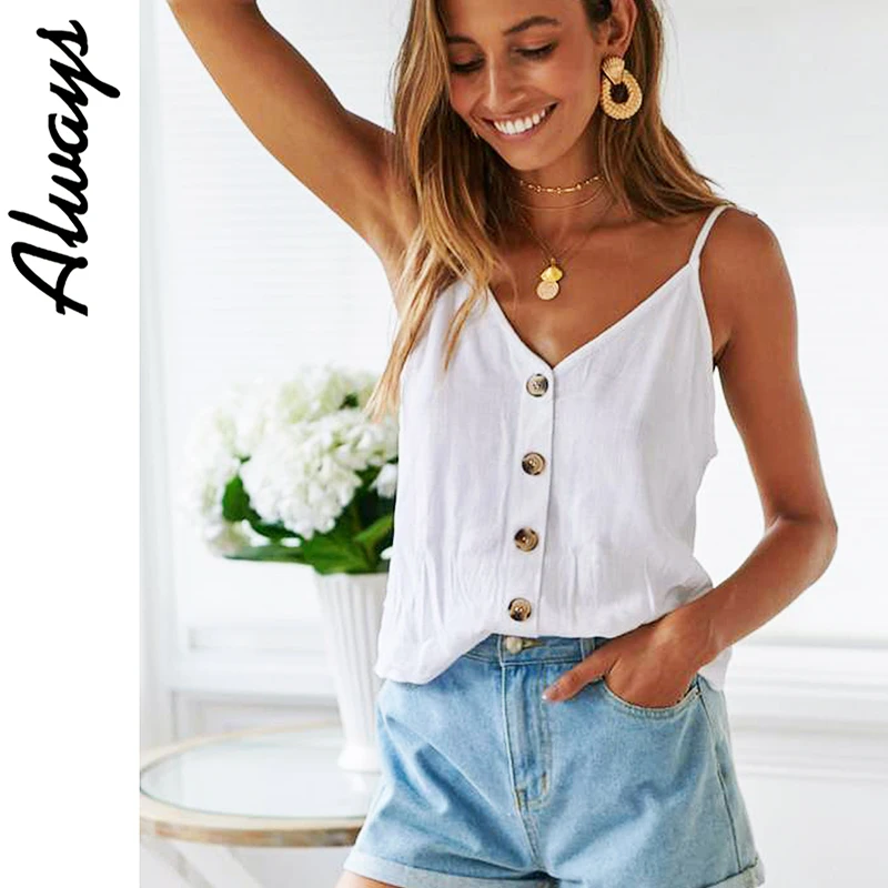 

Alwayss Sexy spaghetti strap women tank tops Elegant buttons solid white cami tops Summer style streetwear female tops 2019