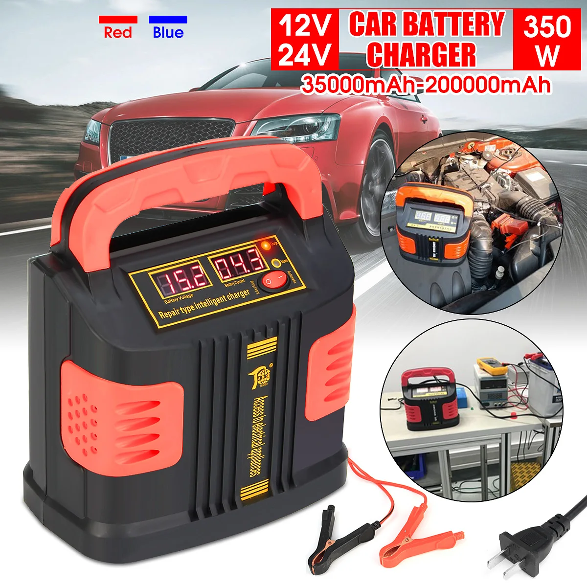 

350W 12V/24V 200Ah Portable Electric Car Emergency Charger Booster Intelligent Pulse Repair Type ABS LCD Battery Charge 2 Modes