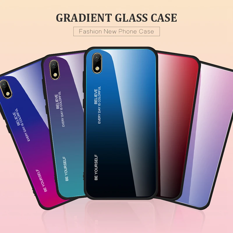 

Gradient Tempered Glass Phone Case for Huawei Y5 2019 Cases Aurora Colorful Cover for Honor 8S Soft Silicone Frame Coque