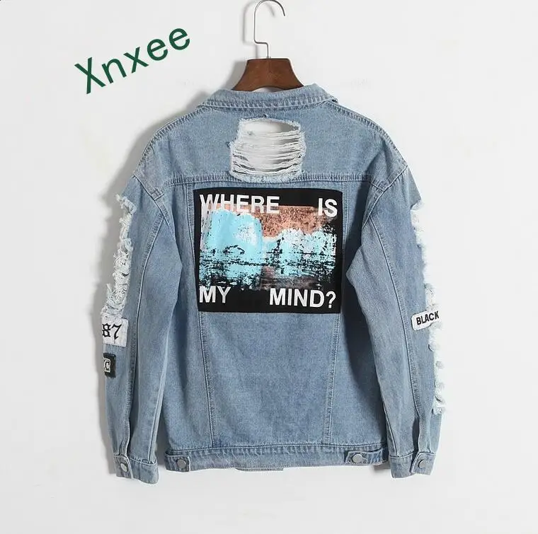 Xnxee где я? Женская джинсовая куртка-бомбер Kpop синяя вышитая нашивка с надписью в