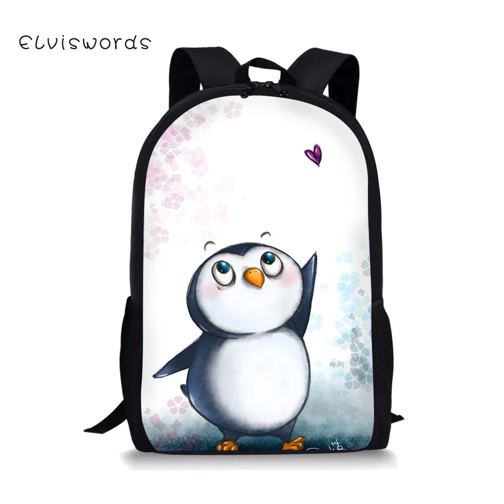 

ELVISWORDS School Backpack for Teenager Girls Boys Penguin Printed Primary Kids Adorable Children Bags Casual Travel 2019 new