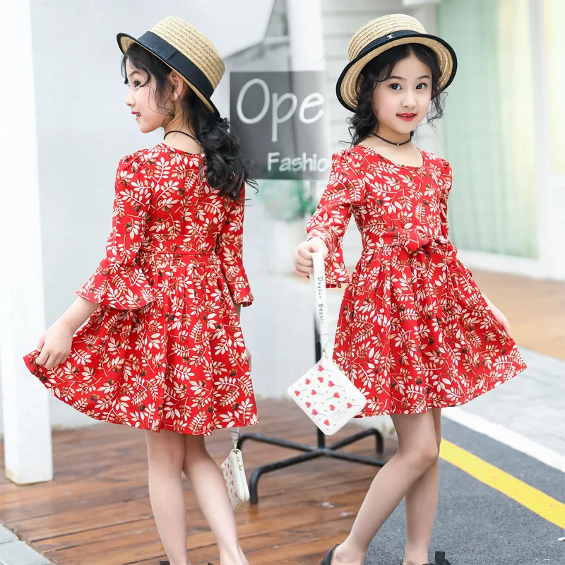 

Girls Clothing Spring and Autumn New Fashion Seven-point Sleeves Chiffon Tunic Dress Elegant Trumpet Sleeve Princess Dress
