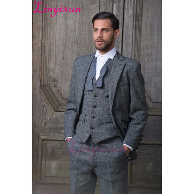 

Linyixun 2017 Custom Made Grey Tweed Formal Men Suit Slim Fit Classic Stylish Custom Men Tuxedo 3 Piece Wedding Suits