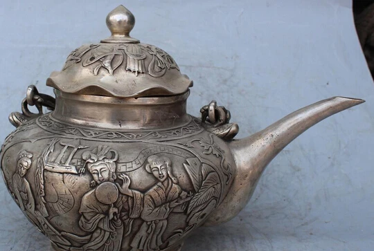 

B0602 50614" Marked Chinese Silver 8 symbol Four beauties Beauty Tea Wine Pot Flagon statue