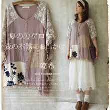 Mori Girl/кружевные хлопковые Лоскутные кружевные рубашки в горошек с круглым вырезом и рукавами «летучая мышь» для женщин, Летние повседневные туники, топы, футболки