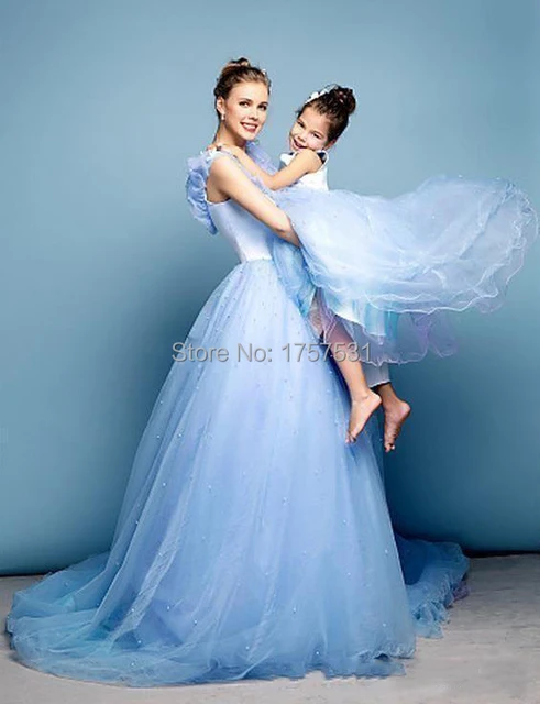 Newest Cinderella Prom Dresses Mother Daughter Matching Blue Newest Cinderella Prom Dresses Mother Daughter Matching Blue Ball Gown V Neck Cap Sleeves Wedding