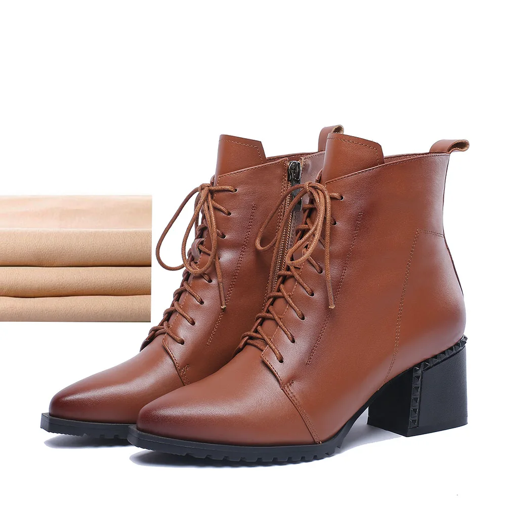 Kickway/Большие размеры 34-42; женская обувь из натуральной кожи на толстом высоком каблуке; женские ботинки на платформе с острым носком, на шнуровке, на молнии - Цвет: Tan Leather Pu